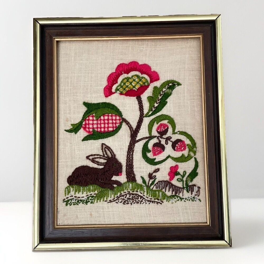 Vtg Paragon Crewel Needlecraft Completed Framed Bunny Flowers MCM Folk Art #0212